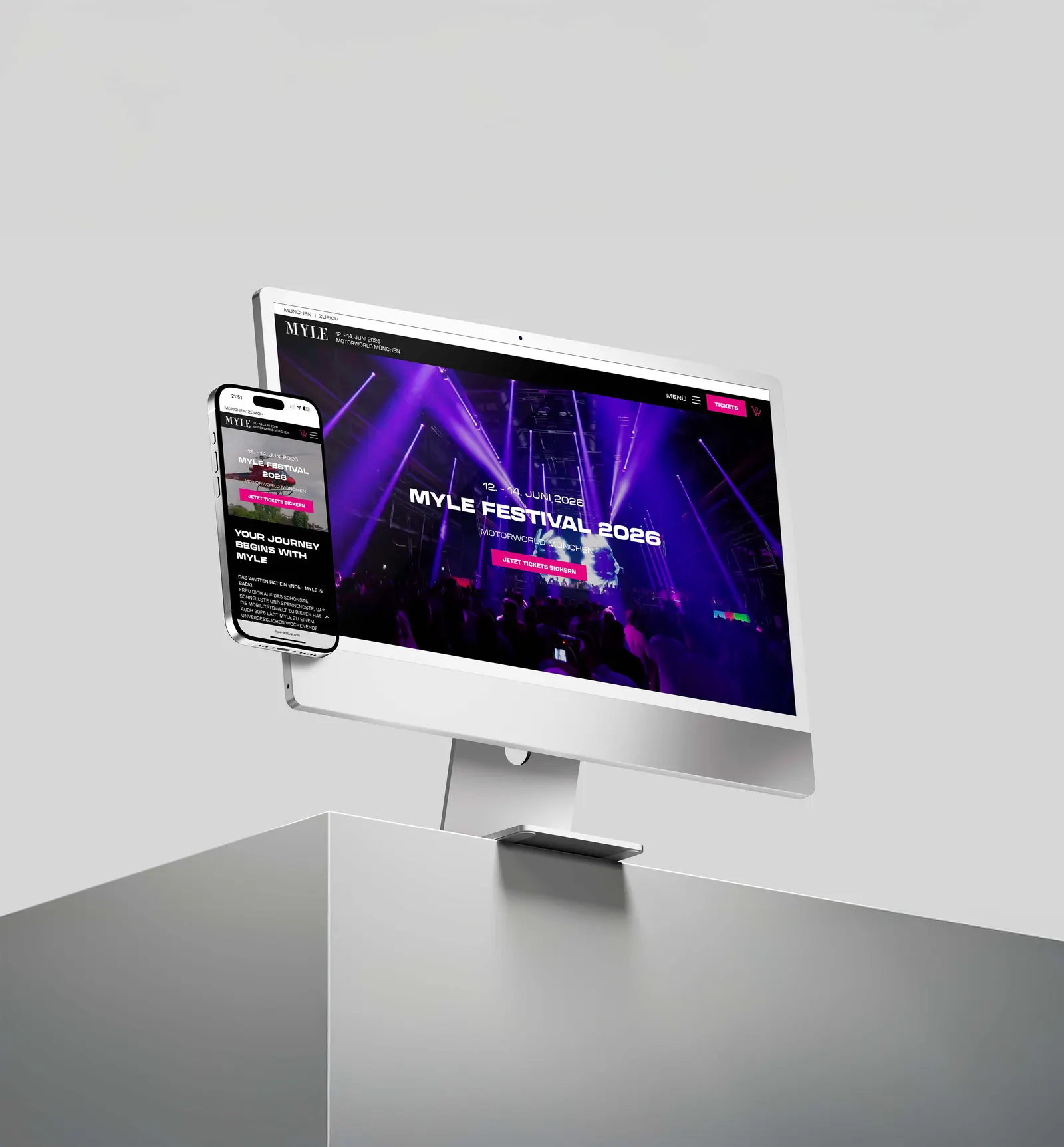 Festival-Website mit Ticketsystem auf Bildschirm und Smartphone