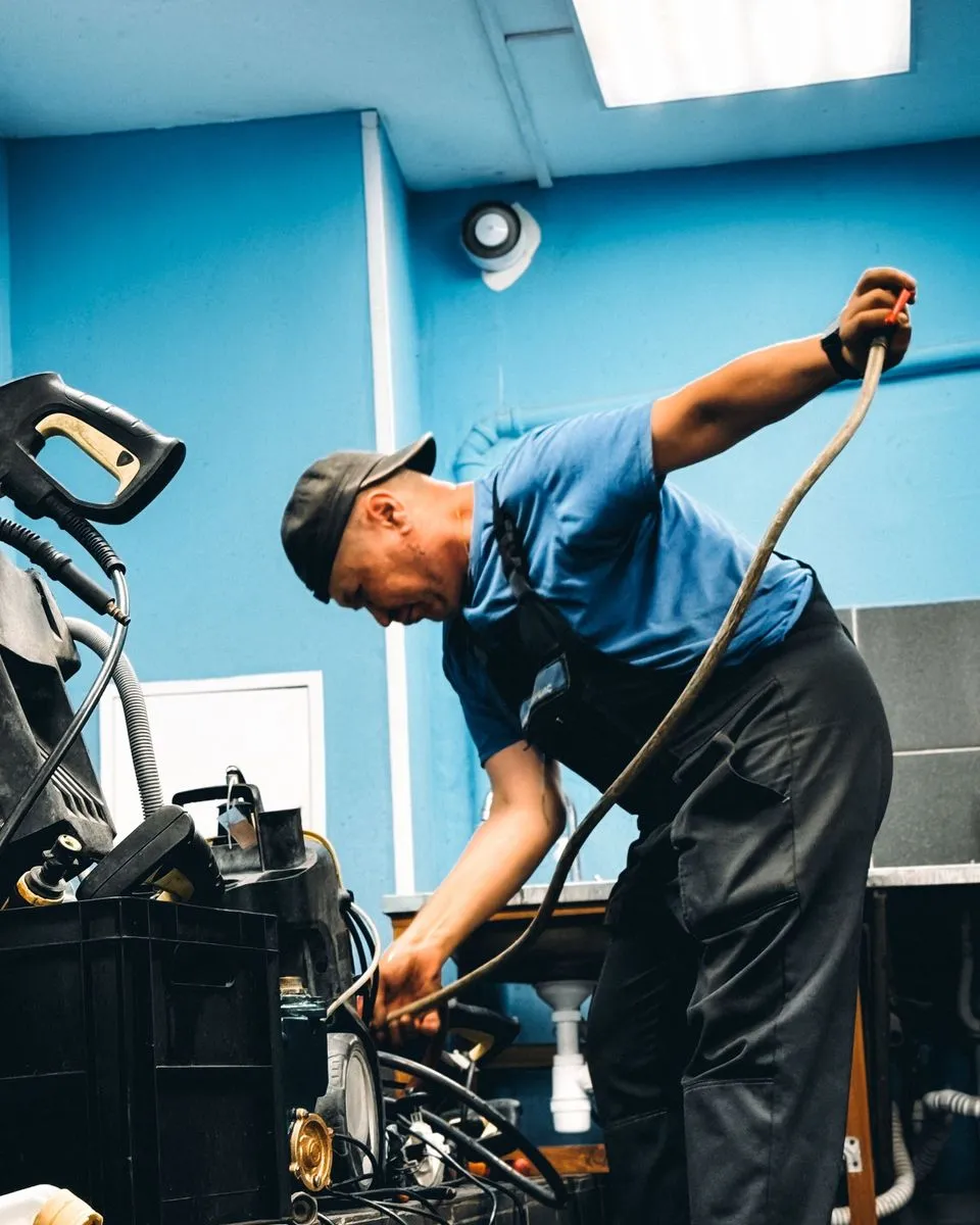 Techniker in blauer Arbeitskleidung bei der Arbeit an einer Anlage